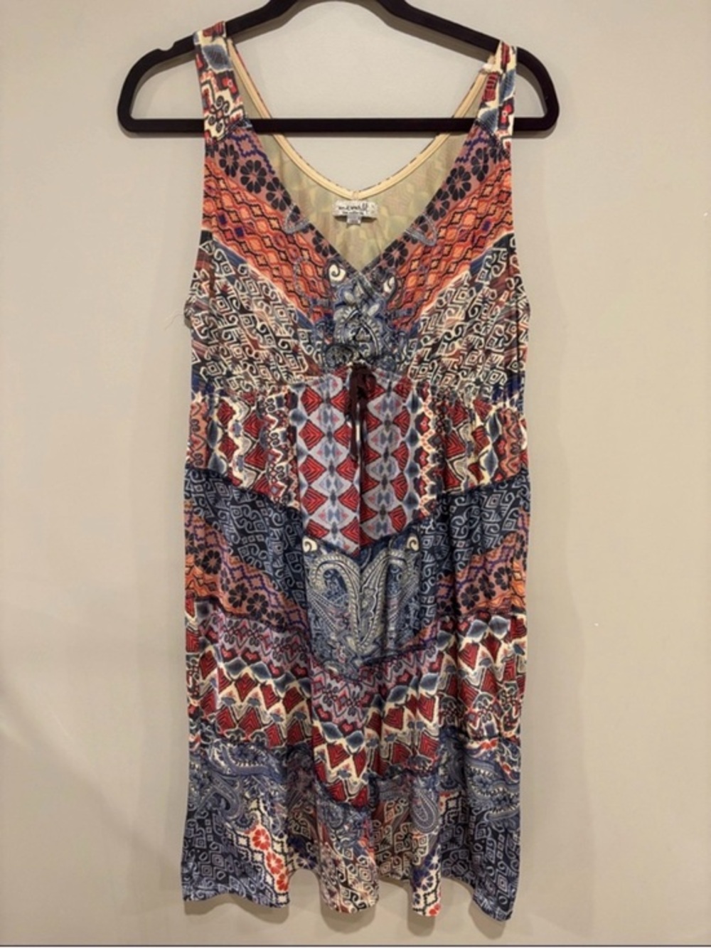 ONE WORLD Navy Red Cream Patterned V‑Neck Mini Dress